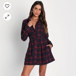 LuLus Autumn Ease Red and Navy Plaid Mini Dress With Pockets
